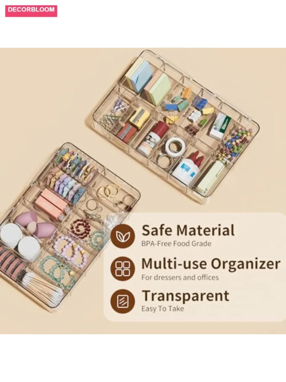 12-Compartment Clear Acrylic Makeup Organizer with Cover for Vanity Desk Storage